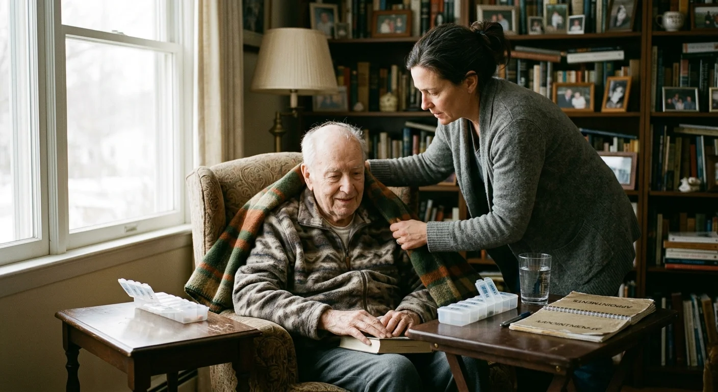 A woman drapes a blanket over an elderly man seated in an armchair surrounded by pill organizers and books.