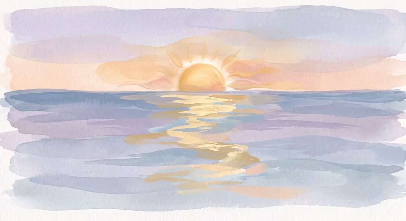 An abstract gouache painting of a peaceful ocean sunrise in pastel lavender, peach, and blue tones.