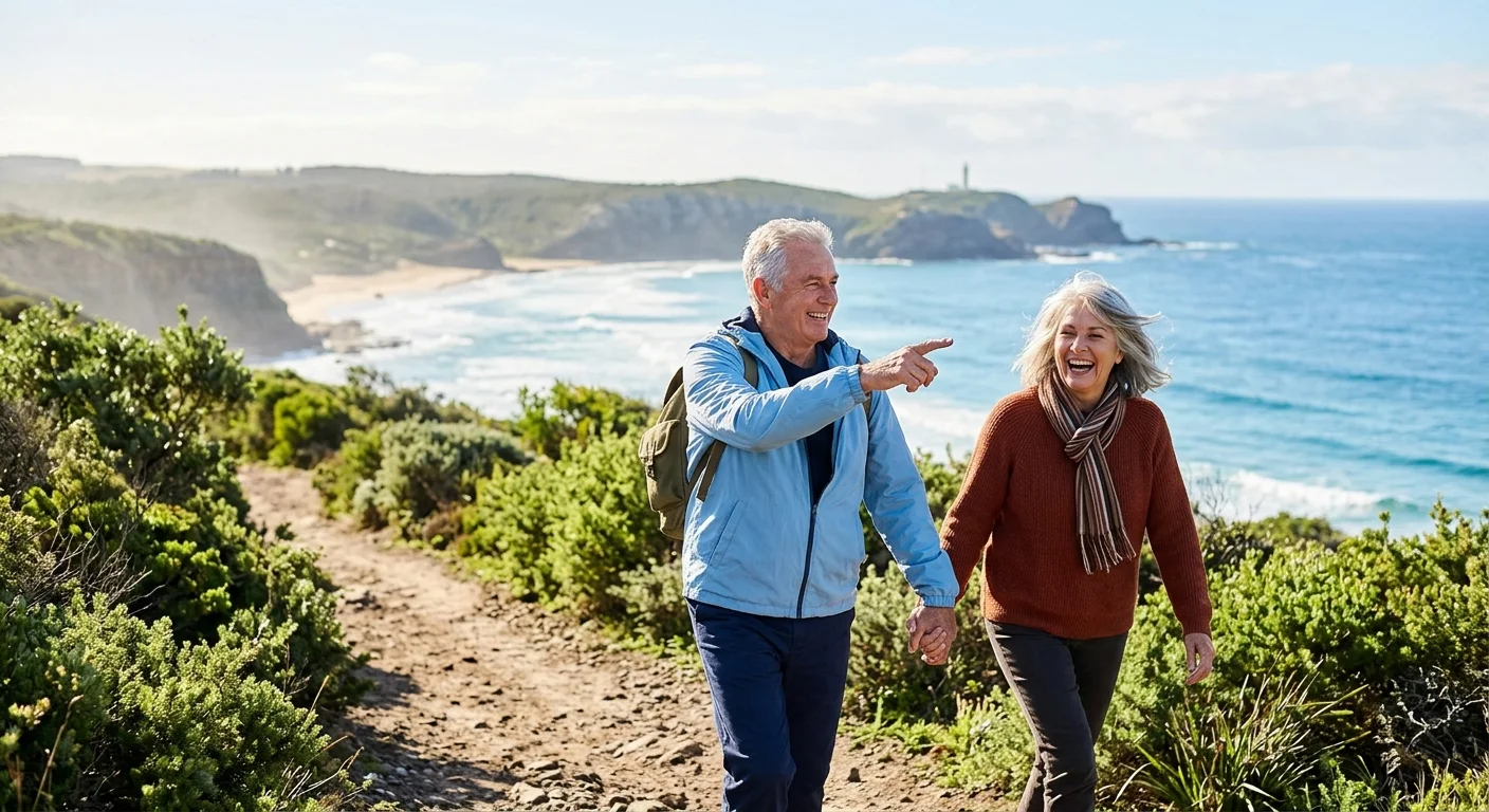 An active older couple walking happily along a scenic coastal trail in the morning sun, enjoying a healthy retirement.