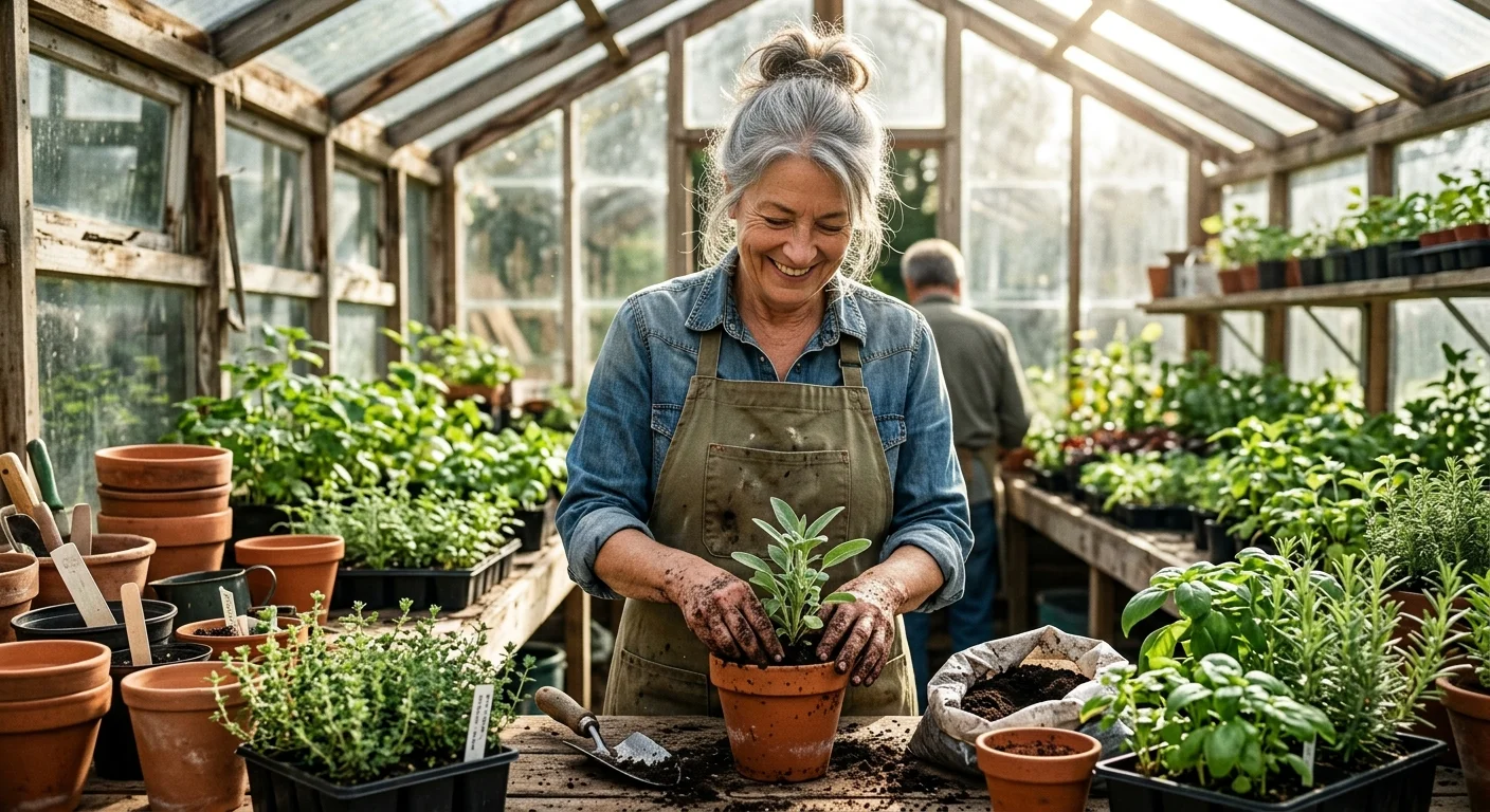 An active older woman happily repotting plants in a bright, sunlit greenhouse, representing flexible retirement work.