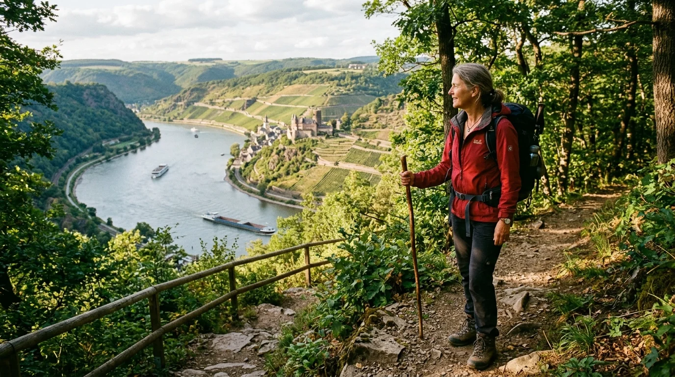 An active retired woman hikes on a forest trail overlooking the Rhine River and a historic medieval castle in Germany.