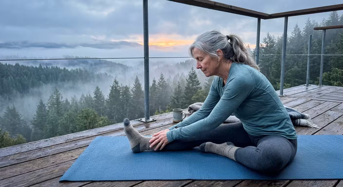 An active retiree stretches on a yoga mat on an outdoor wooden deck during a calm, misty morning.