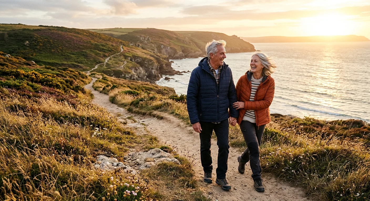 An active senior couple in casual outdoor clothing laughs while walking along a scenic ocean trail at sunset.