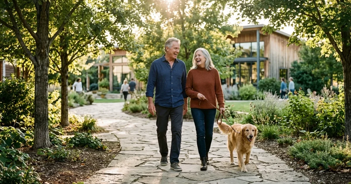 An active senior couple walking a golden retriever along a sunlit pathway near a modern community wellness center.