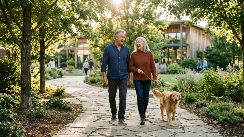 An active senior couple walking a golden retriever along a sunlit pathway near a modern community wellness center.