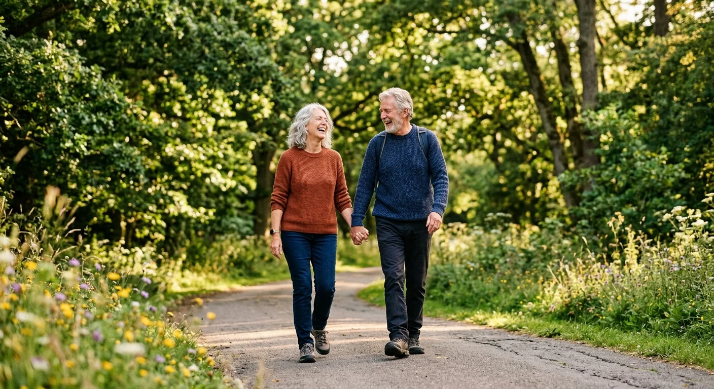 An active senior couple walking hand-in-hand through a beautiful, sunlit park during golden hour, smiling and enjoying a healthy lifestyle.