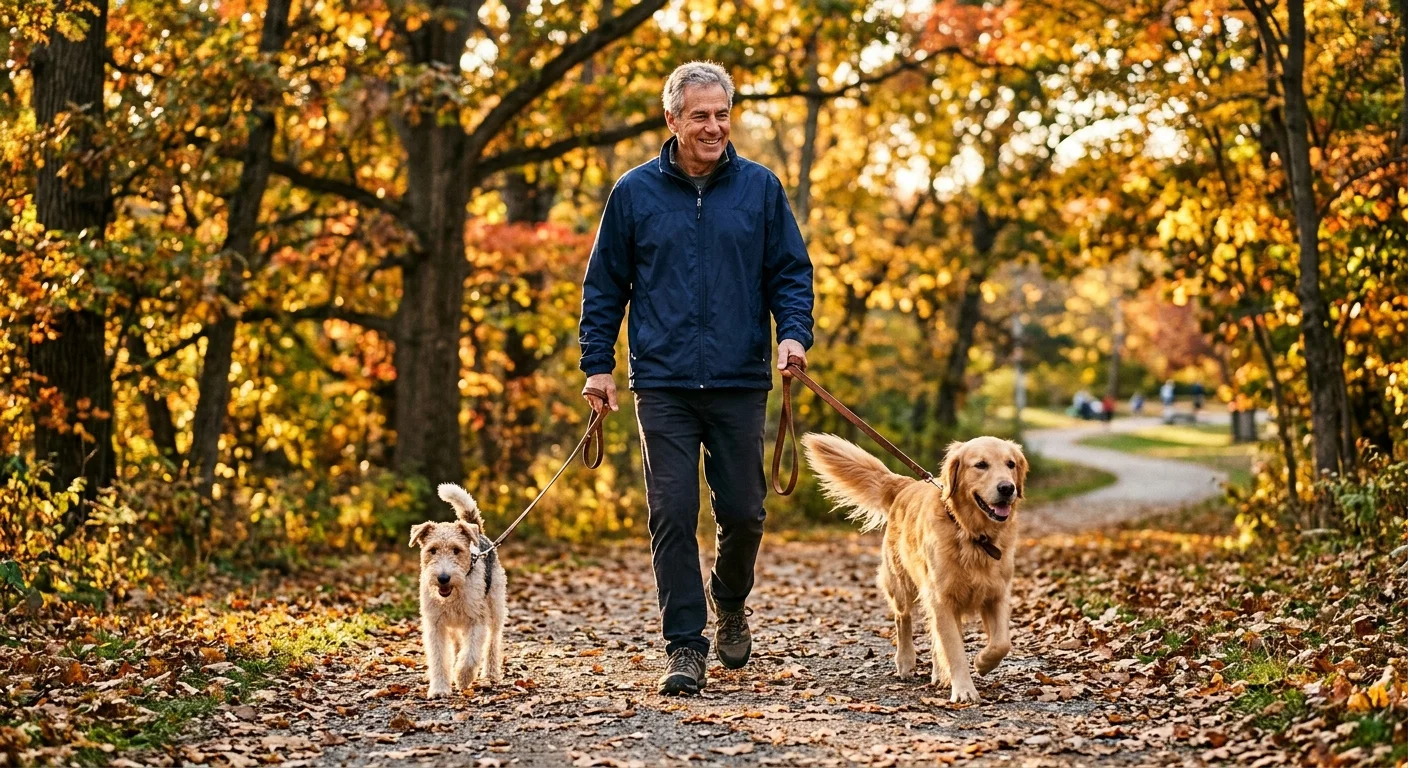 An active senior man walking a golden retriever and a terrier on a sun-dappled park path during autumn.
