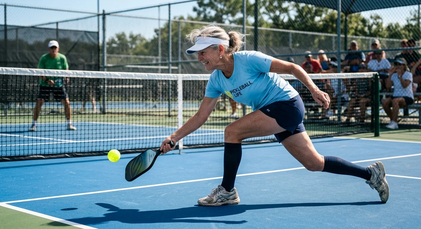 An active senior woman mid-swing during a fast-paced pickleball game on a sunny outdoor court.