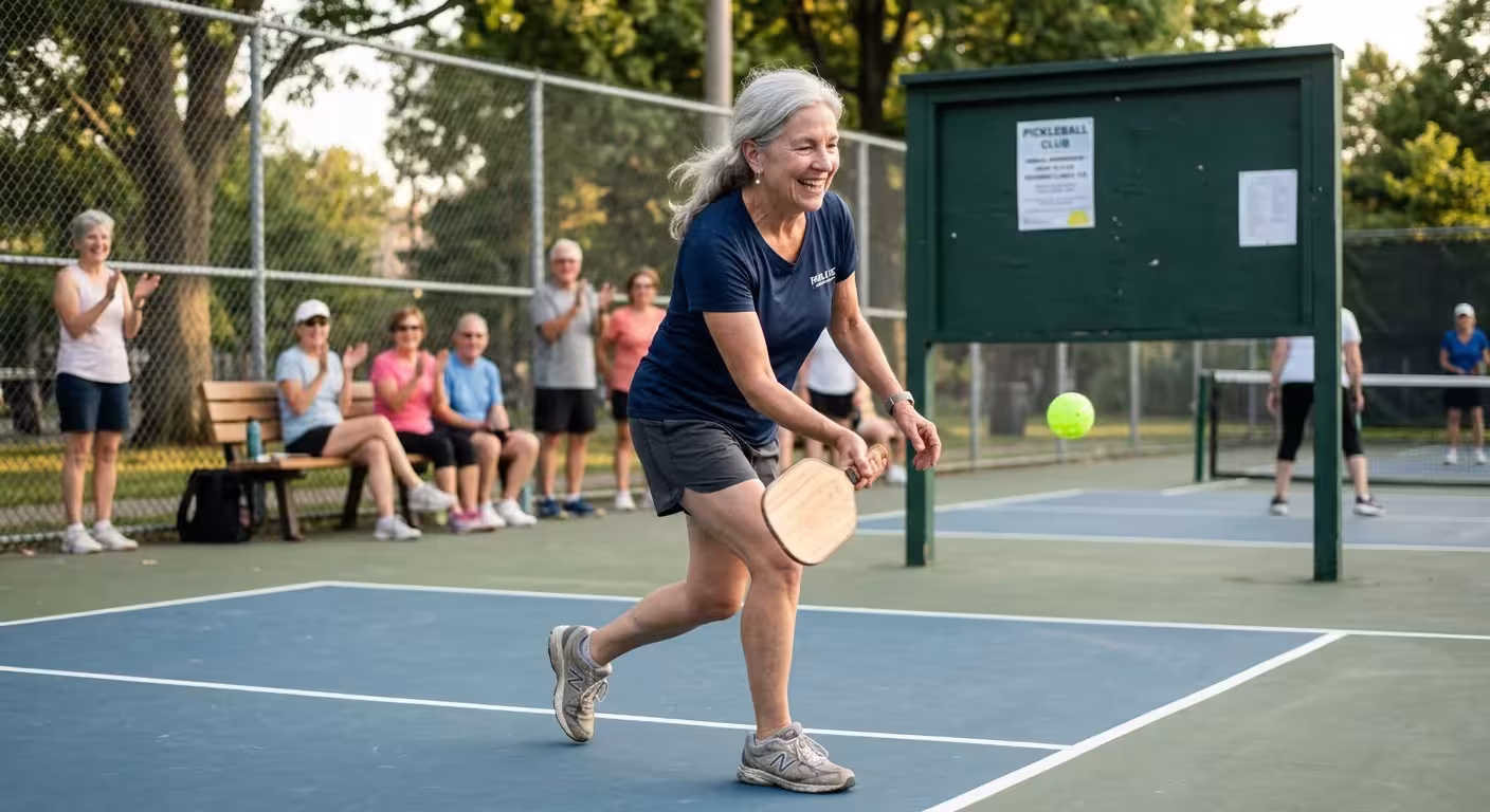 An active senior woman smiling while playing pickleball on a sunny outdoor court with a membership flyer nearby.