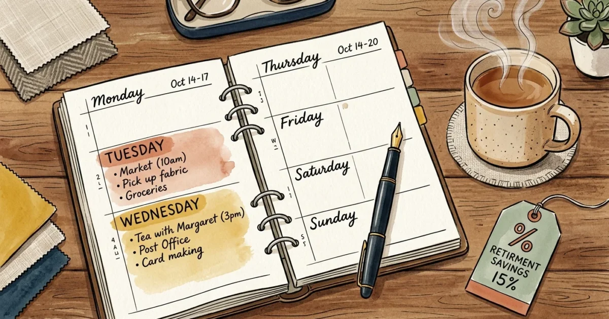 An artistic gouache illustration of a weekly planner with Tuesday and Wednesday highlighted next to a warm tea mug.