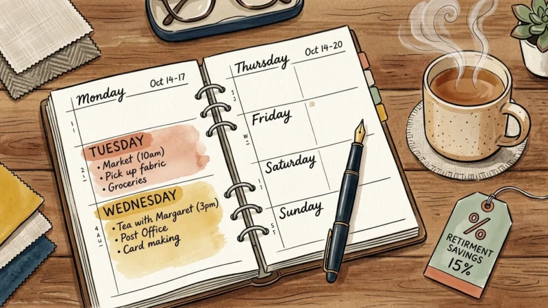 An artistic gouache illustration of a weekly planner with Tuesday and Wednesday highlighted next to a warm tea mug.