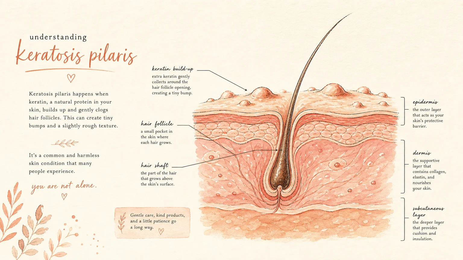 An artistic gouache illustration showing a stylized cross-section of skin with soft, textured bumps around a follicle.
