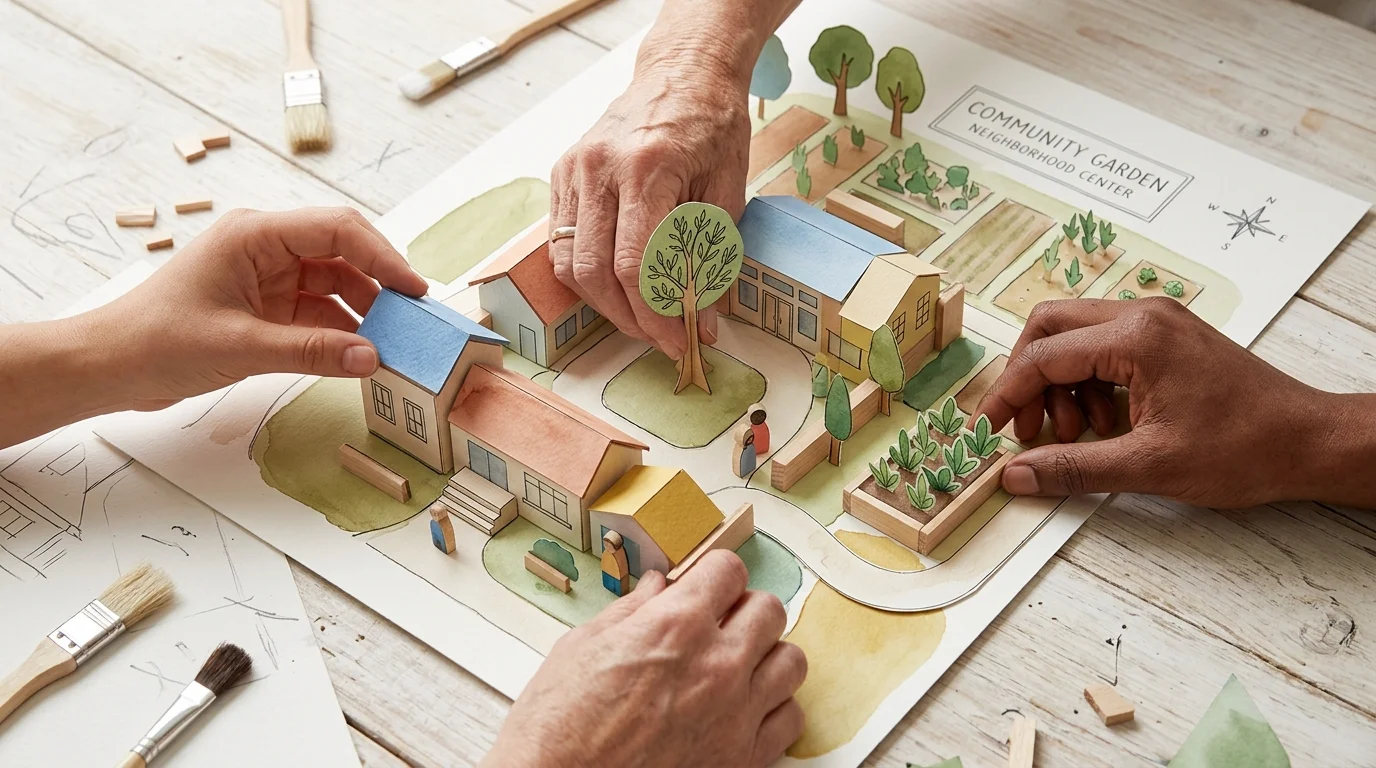 An artistic illustration showing hands of all ages assembling a colorful miniature paper map of a community center.