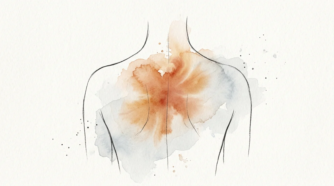 An artistic ink and watercolor back-view illustration showing a warm wash of color between the shoulder blades, depicting tension.