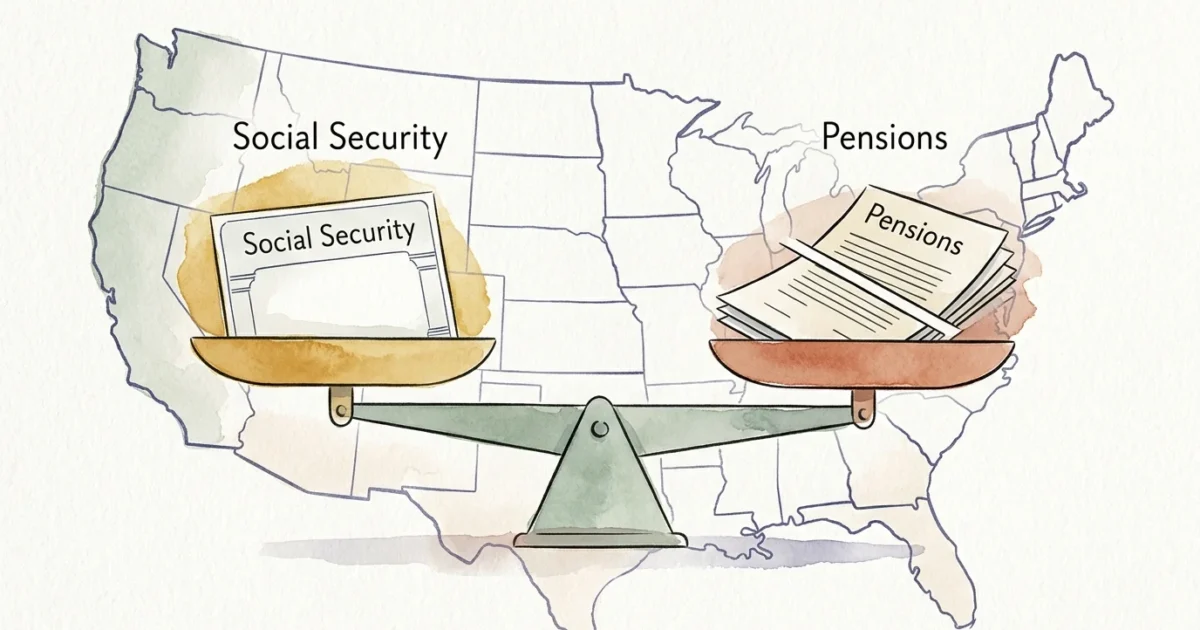 An artistic watercolor illustration of a balance scale weighing a tax-free Social Security document against taxed pension papers.