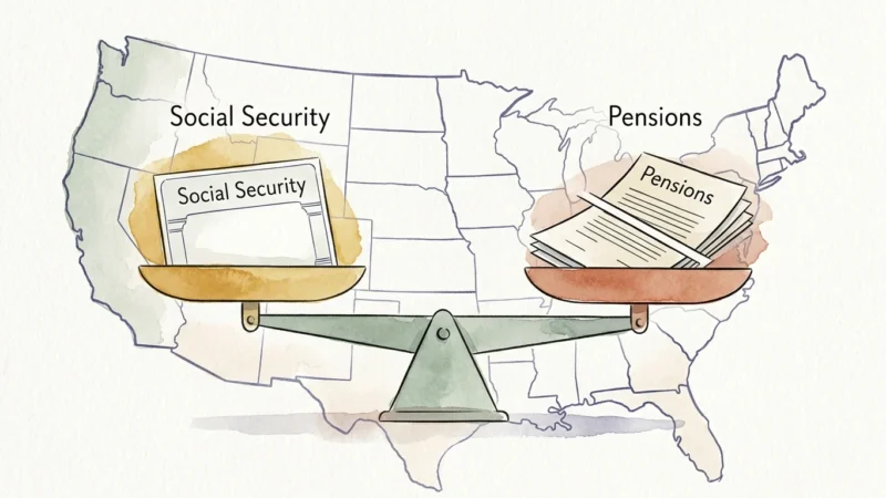 An artistic watercolor illustration of a balance scale weighing a tax-free Social Security document against taxed pension papers.