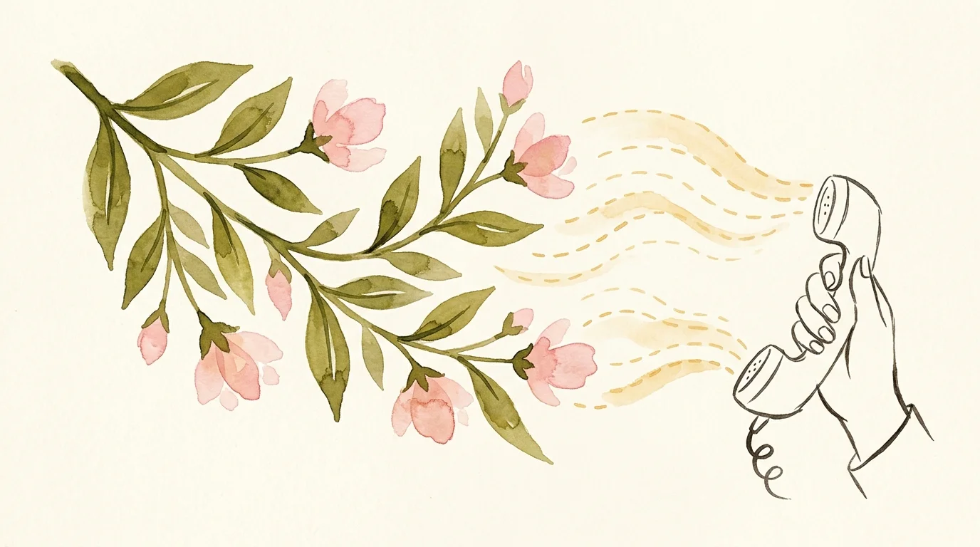 An artistic watercolor illustration of a botanical branch and a telephone receiver with warm waves connecting them.