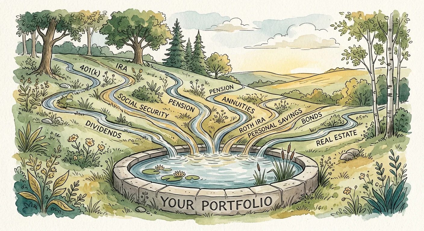 An artistic watercolor illustration showing labeled streams of IRA, Social Security, and dividends merging into a central pool.