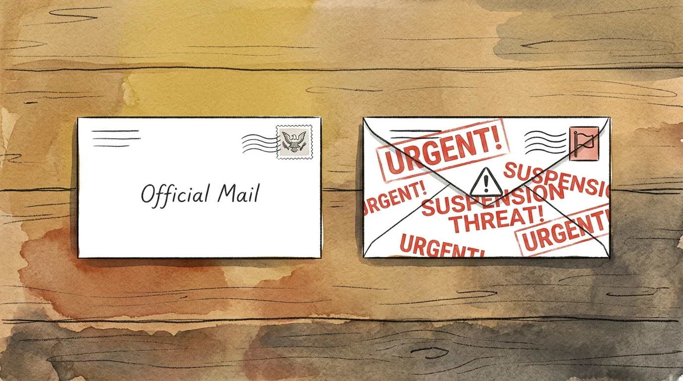 An editorial illustration comparing a clean, official government letter with a dramatic, red-stamped fake scam envelope.