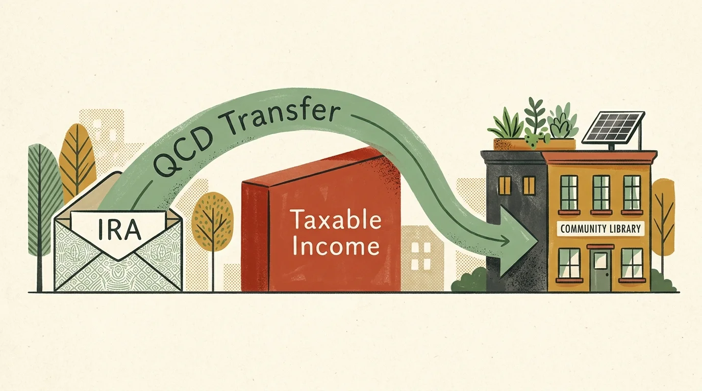 An editorial illustration of a document bypassing a tax hurdle and going directly to a charity building.