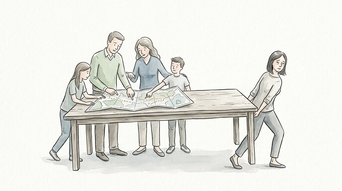 An editorial illustration of a family planning around a map on a table, unaware that one woman is physically holding the table up.