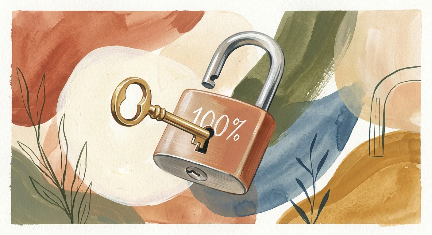 An editorial illustration of a gold key unlocking a padlock labeled '100%', representing full retirement benefits.