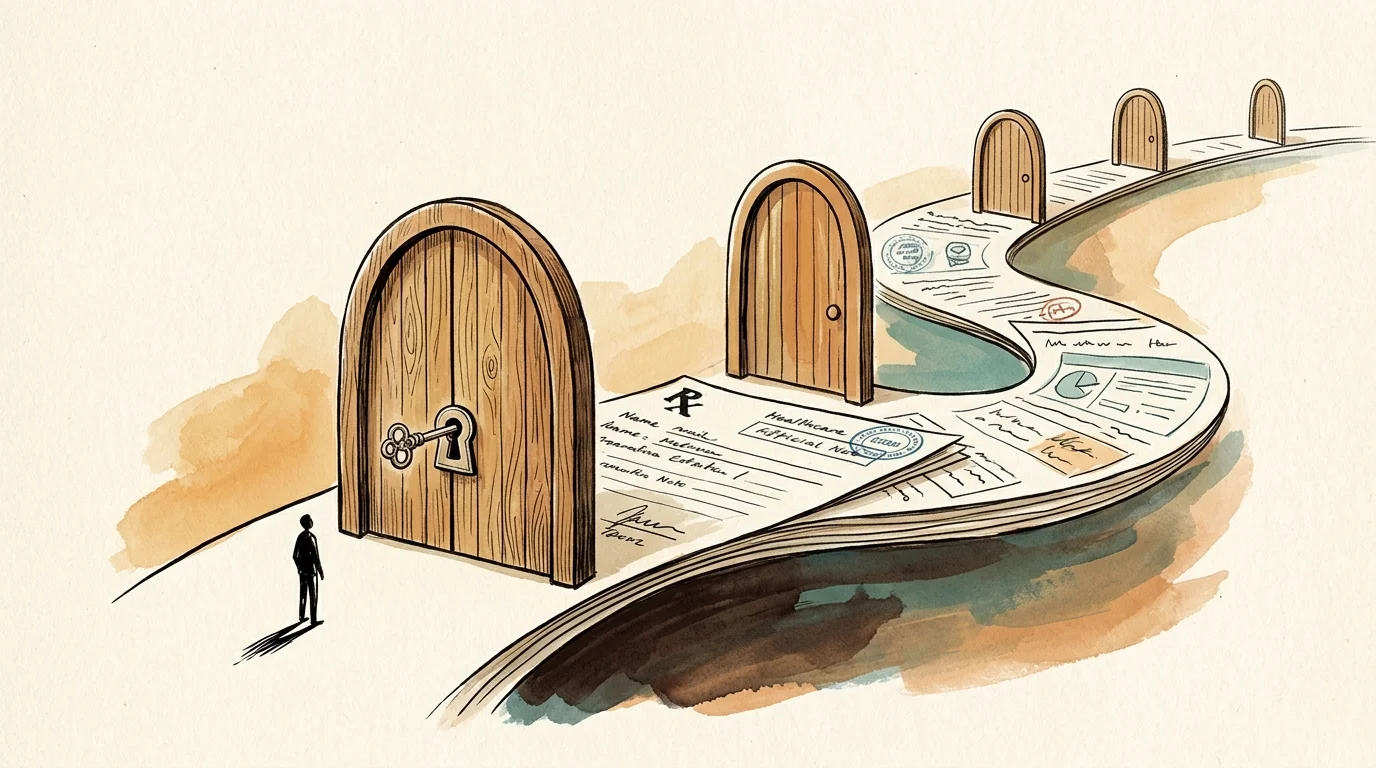 An editorial illustration of a pathway made from a medical document blocked by stylized wooden gates.