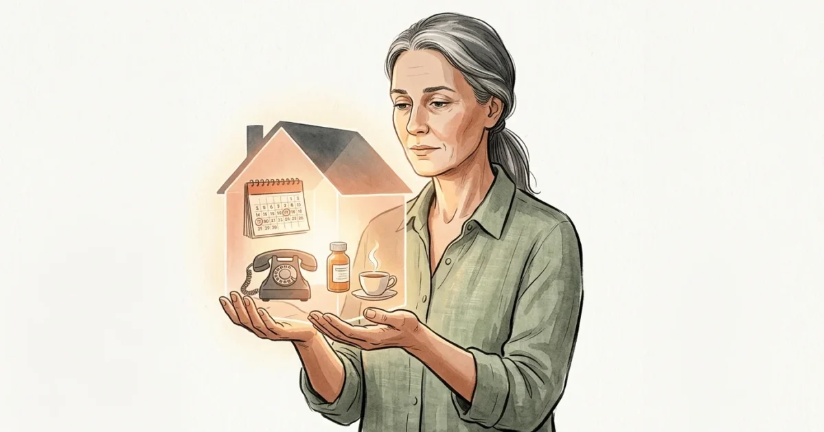 An editorial illustration of a woman balancing a glowing, transparent house containing a calendar, phone, and medicine bottle.