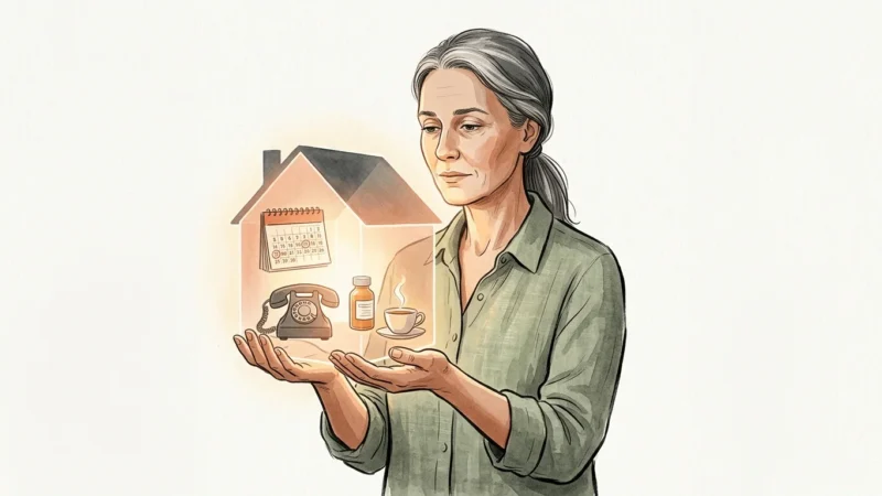An editorial illustration of a woman balancing a glowing, transparent house containing a calendar, phone, and medicine bottle.