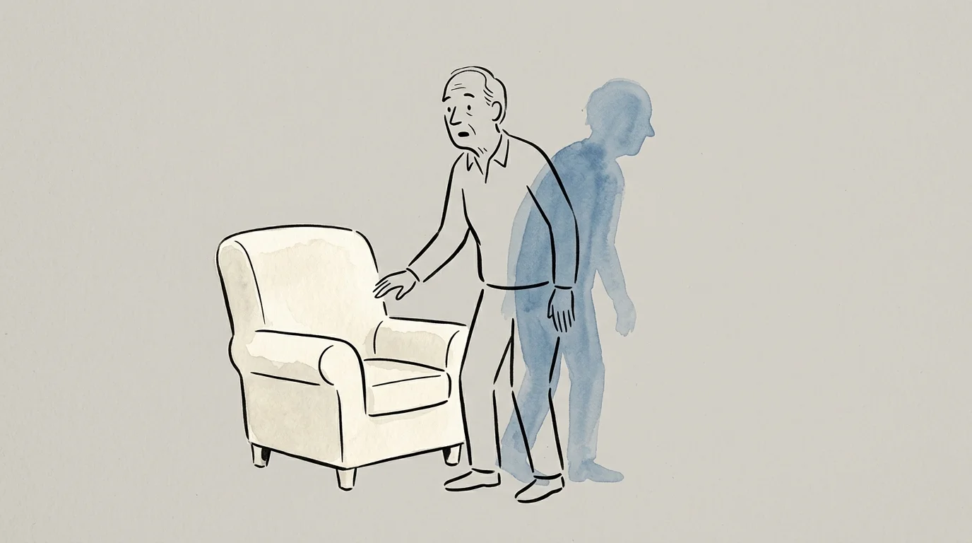 An editorial illustration showing a stylized figure standing up from an armchair with a soft, swaying blue silhouette behind them.