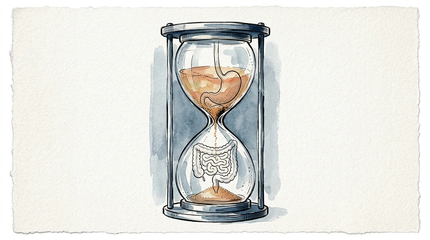 Watercolor illustration of an hourglass with a stomach in the top bulb and intestines in the bottom bulb.