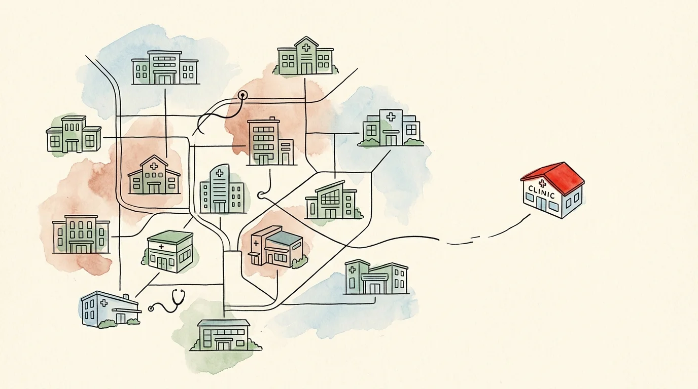 An editorial ink and watercolor illustration of a medical clinic icon separating from a larger network grid.