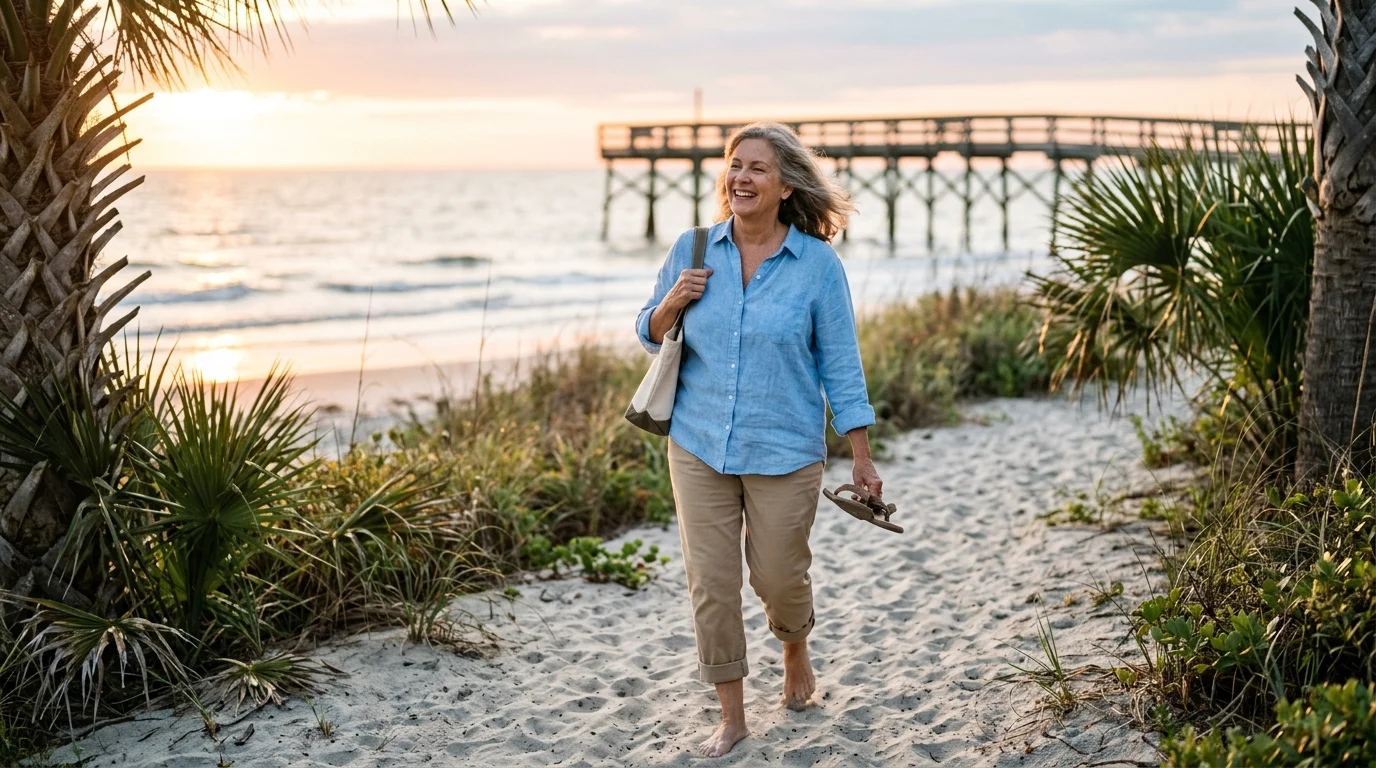 An editorial photo of a senior woman walking along a South Carolina beach at sunrise, smiling happily.