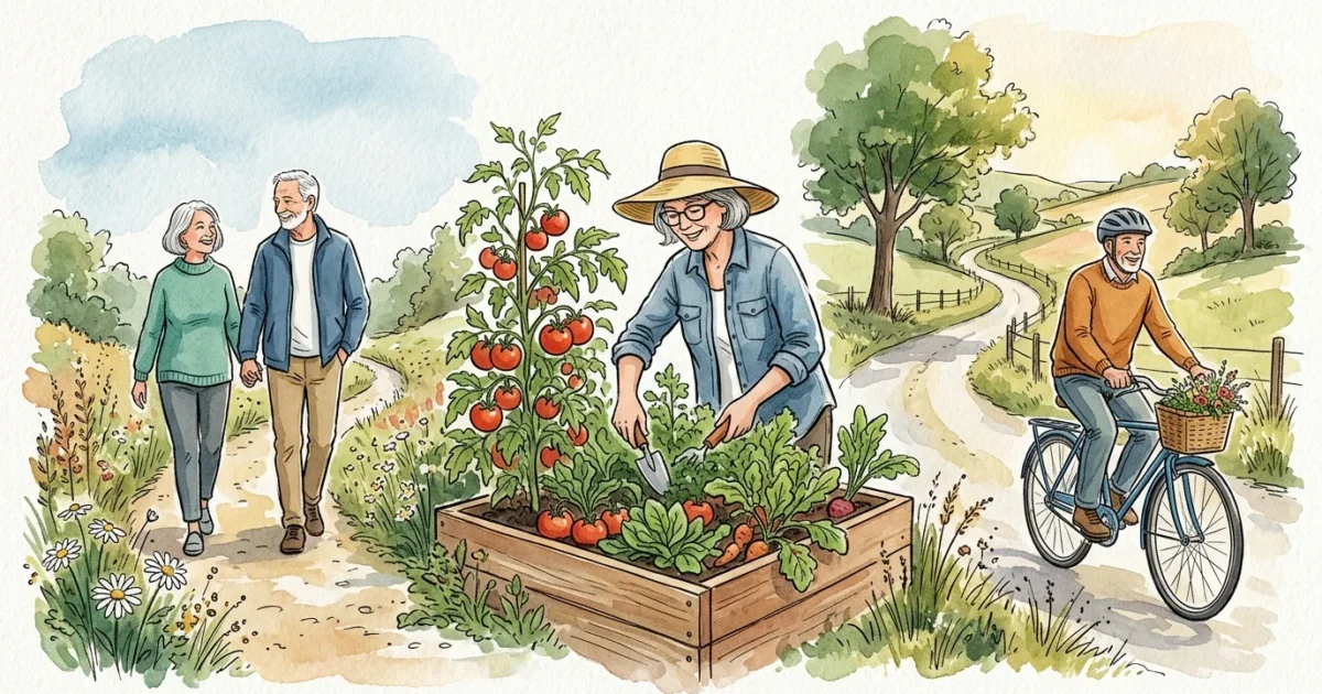 An editorial watercolor illustration of active seniors walking, gardening, and riding bicycles in a beautiful park.