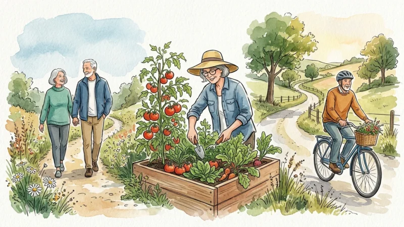 An editorial watercolor illustration of active seniors walking, gardening, and riding bicycles in a beautiful park.