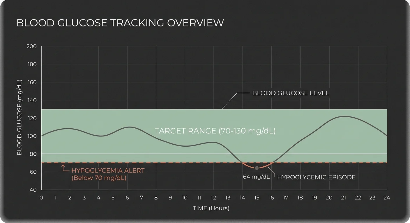 An elegant minimalist line graph showing blood glucose levels dipping toward a hypoglycemia alert threshold below the target range.