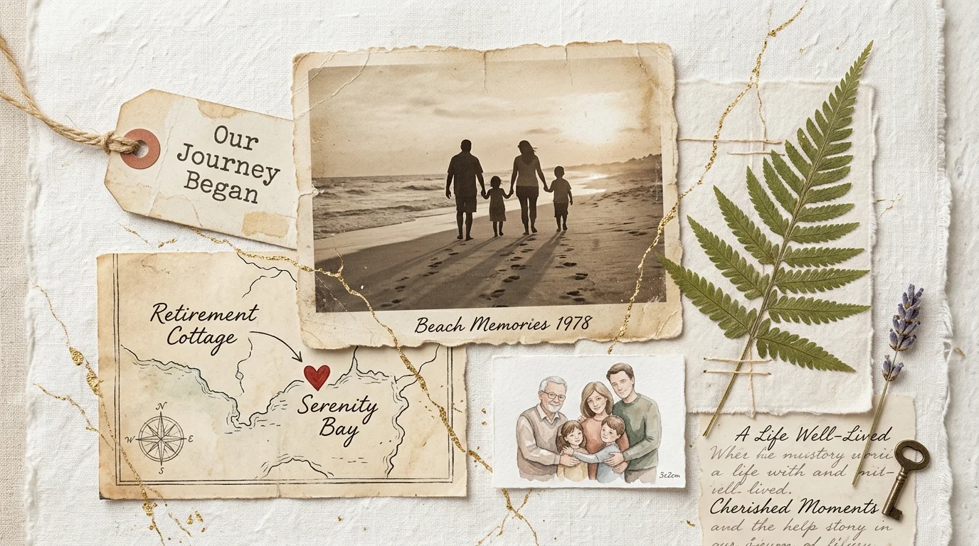 An elegant mixed-media collage featuring a vintage photo, a pressed leaf, a hand-drawn map fragment, and gold leaf accents.