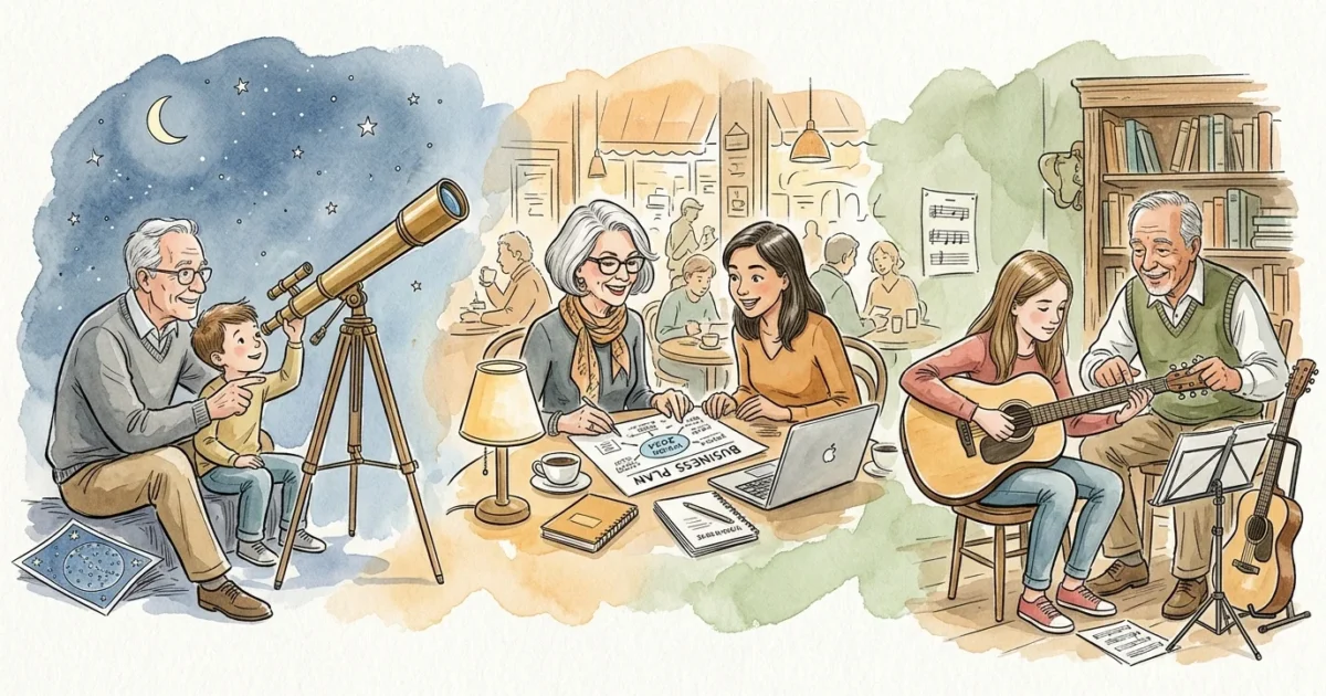 An elegant watercolor and ink illustration of various retirees mentoring youth in science, business, and music.