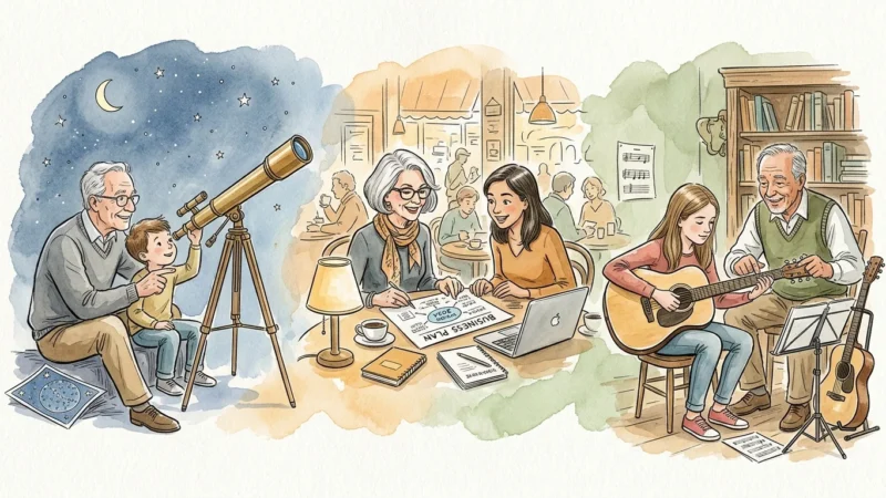 An elegant watercolor and ink illustration of various retirees mentoring youth in science, business, and music.