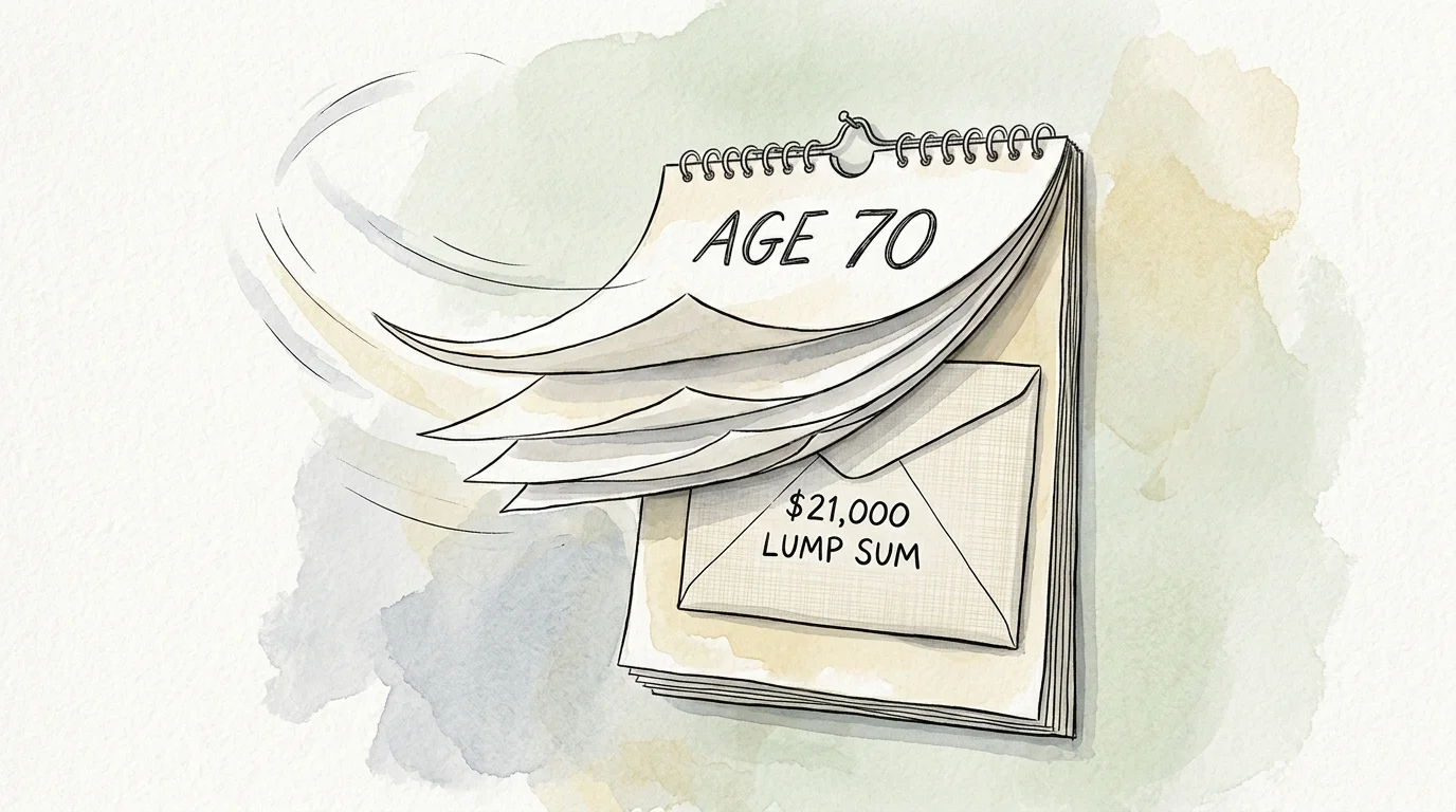 An elegant watercolor illustration of a calendar turning back pages to reveal an envelope labeled with a $21,000 lump sum payment.