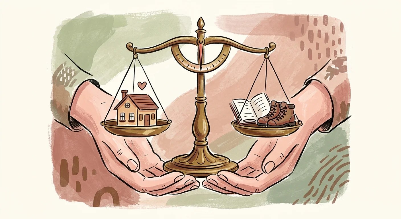 An illustration of a balanced scale weighing family time on one side and personal hobbies on the other.