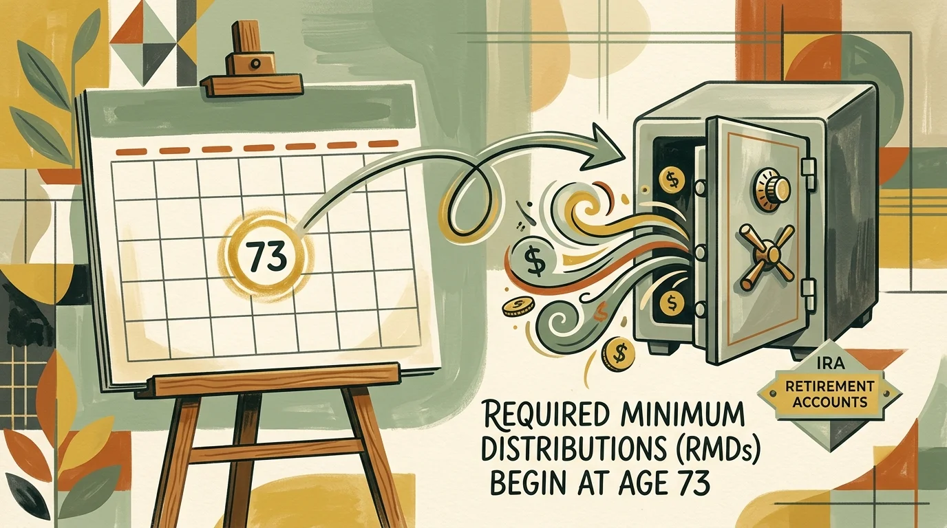 An illustration of a calendar highlighting the age 73 with an arrow pointing to an open safe box.