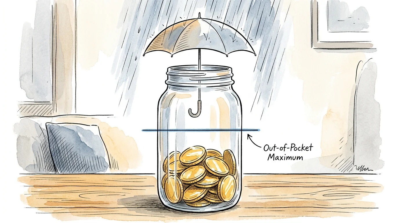 An illustration of a coin jar with a safety line marked Out-of-Pocket Maximum, shielded by a small umbrella.