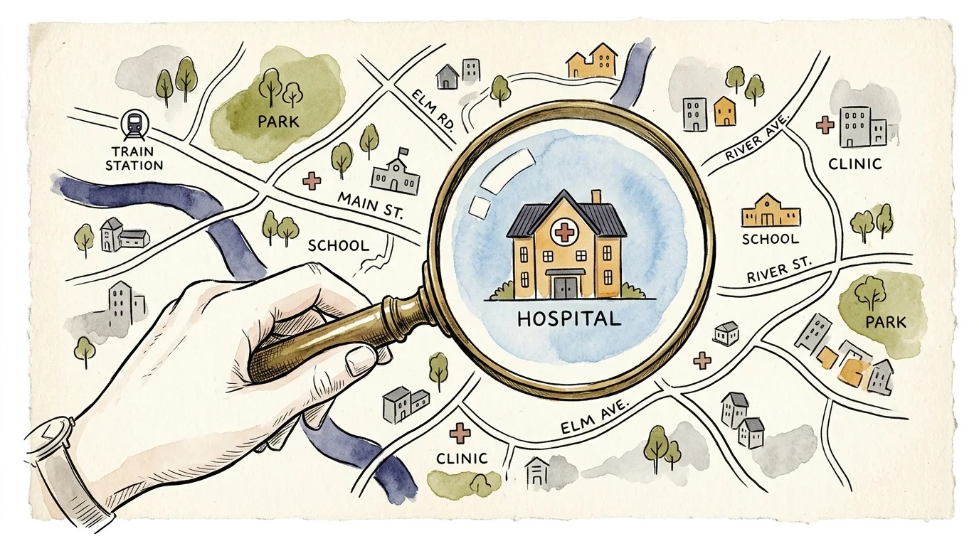 An illustration of a hand using a magnifying glass to inspect a stylized neighborhood map with a hospital icon.