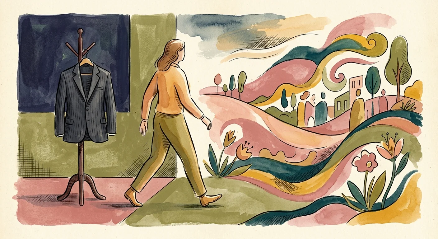 An illustration of a person leaving behind a professional suit jacket to walk toward a vibrant, colorful horizon.