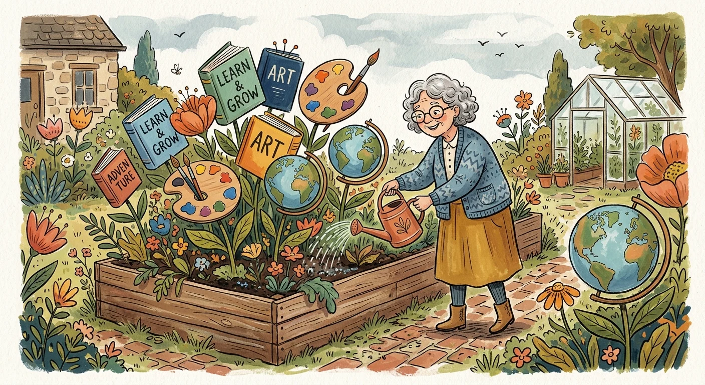 An illustration of a retiree watering a garden where creative icons like books and artist palettes grow as large flowers.
