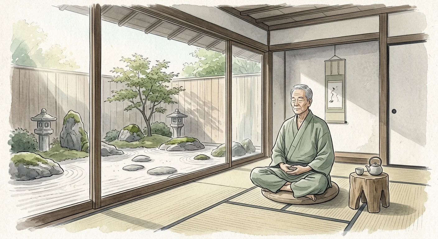 An illustration of a senior man meditating on a mat inside a serene room overlooking a Japanese rock garden.