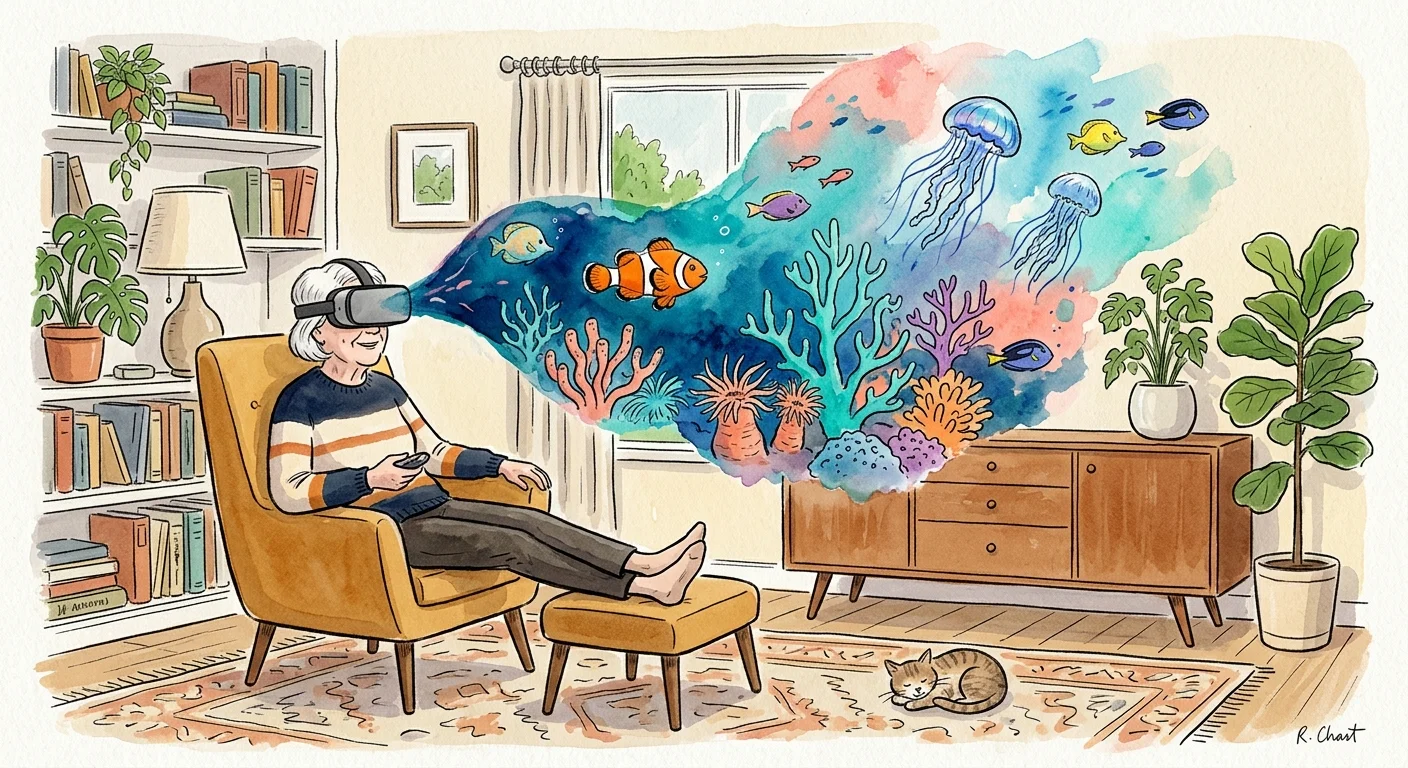 An illustration of a senior woman in an armchair wearing a VR headset, surrounded by whimsical watercolor ocean life.