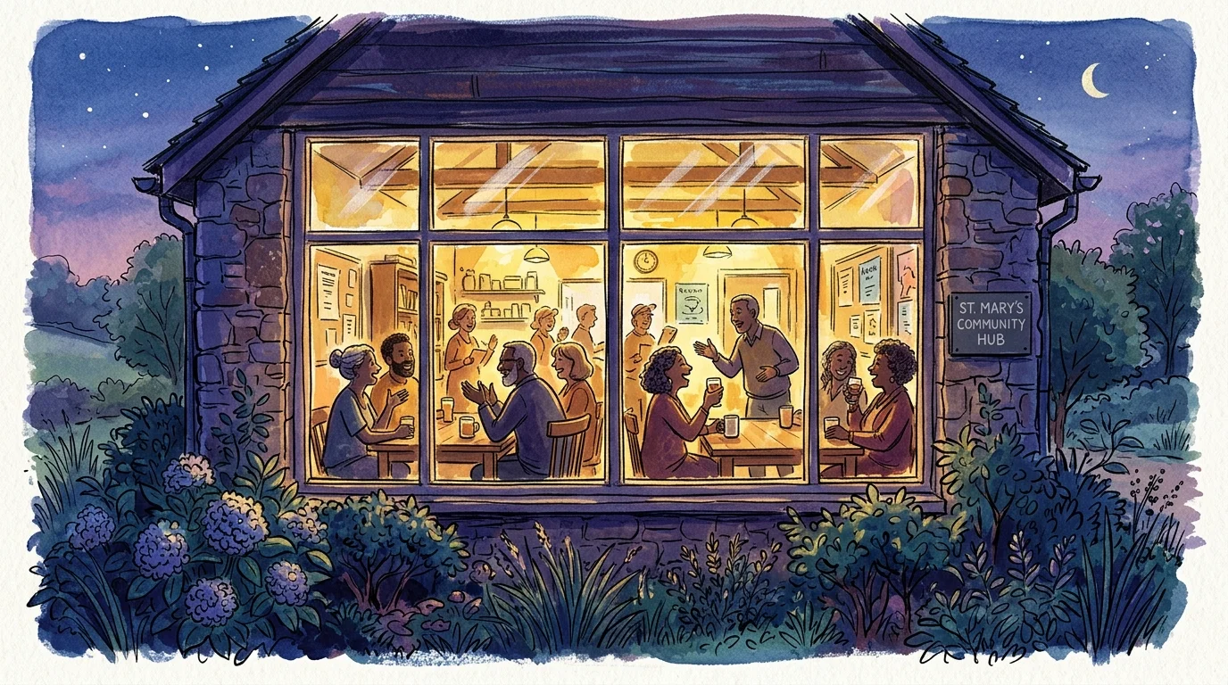 An illustration of a warm, glowing window of a community hall where silhouettes of seniors are socializing at dusk.