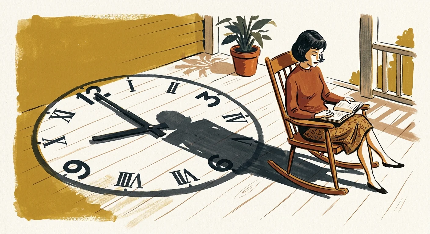An illustration of a woman reading a book on a porch while her shadow takes the shape of a large, ticking clock, symbolizing guilt.